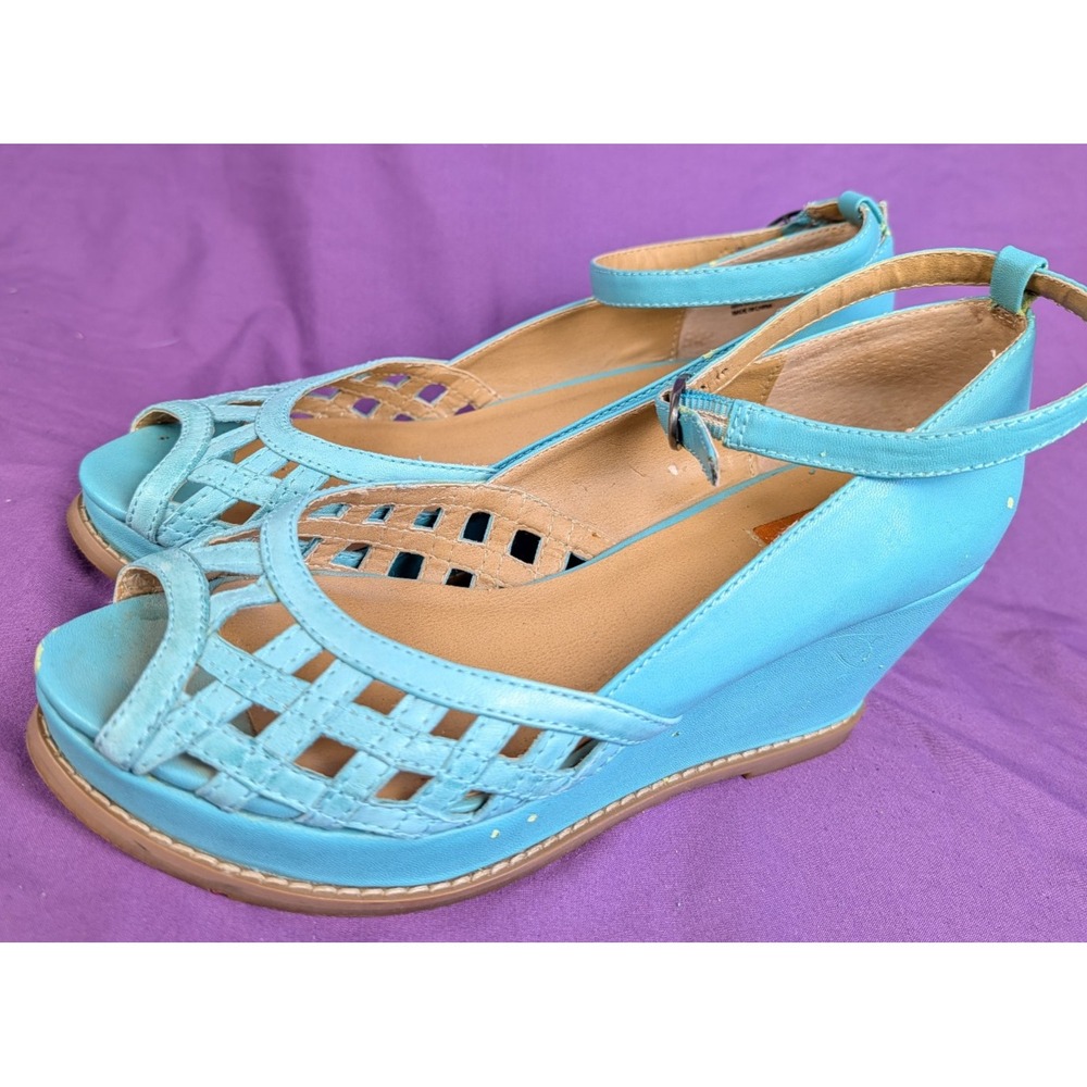 Miz Mooz Lavern Teal Ankle Strap Wedge Sandals 8.5 Woven Leather Vamp Boho 50's